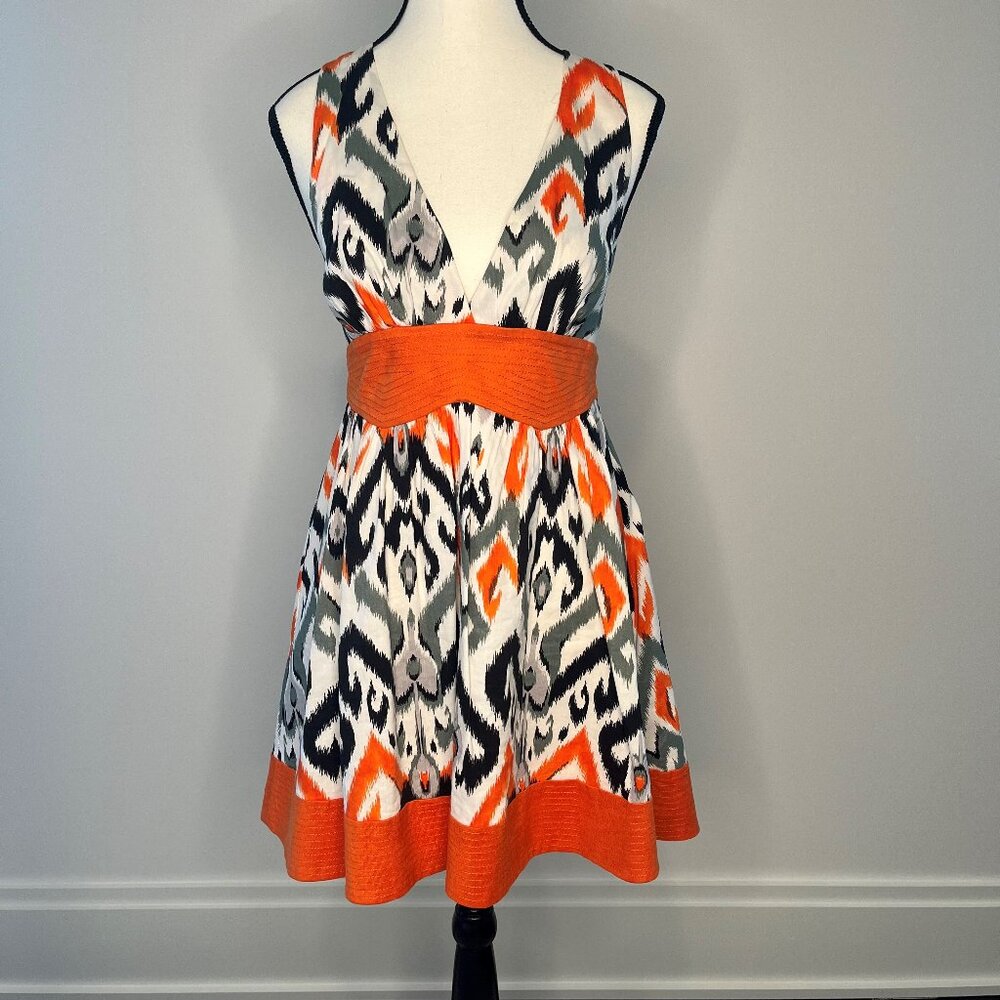 Bebe - Women's Abstract Halter Dress Black, Grey, Orange, & White. Size Small